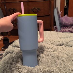 Simple Modern Blue Tumbler with Pink Straw and Handle